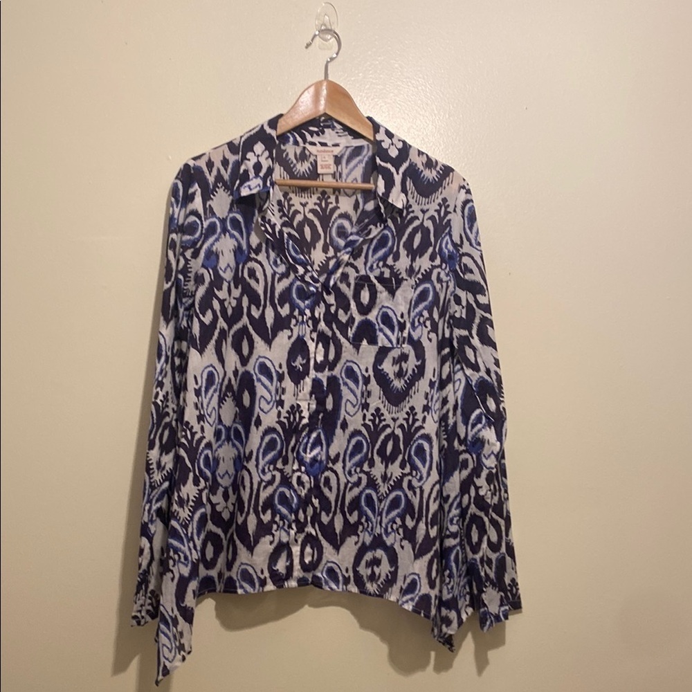 Sundance cotton Patterned Blue and Black Women's Top. Size L